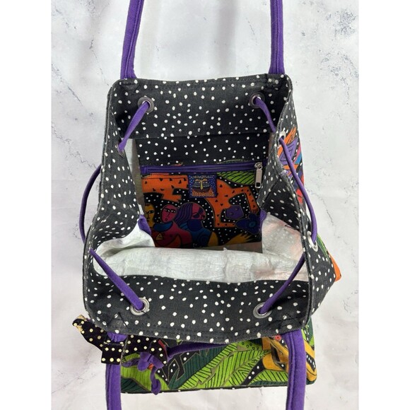 Vtg 90s LAUREL BURCH Tote Bag Drawstring Bucket Canvas Cat Retro Folk Art Artist - Picture 13 of 16